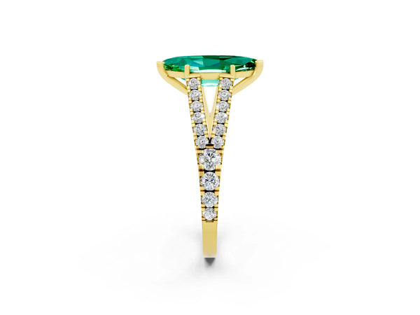 Yellow gold Marquise Cut Emerald Split Shank Engagement Ring with Round Pavé and Prong Setting