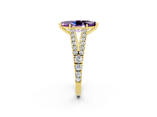 Yellow gold Marquise Cut Amethyst Split Shank Engagement Ring with Round Pavé and Prong Setting