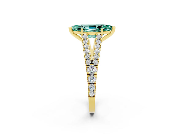 Yellow gold Marquise Cut Green Sapphire Split Shank Engagement Ring with Round Pavé and Prong Setting