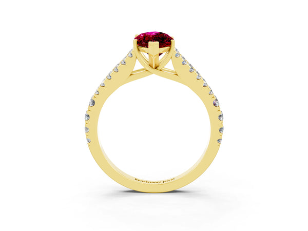 Yellow gold Marquise Cut Garnet Split Shank Engagement Ring with Round Pavé and Prong Setting