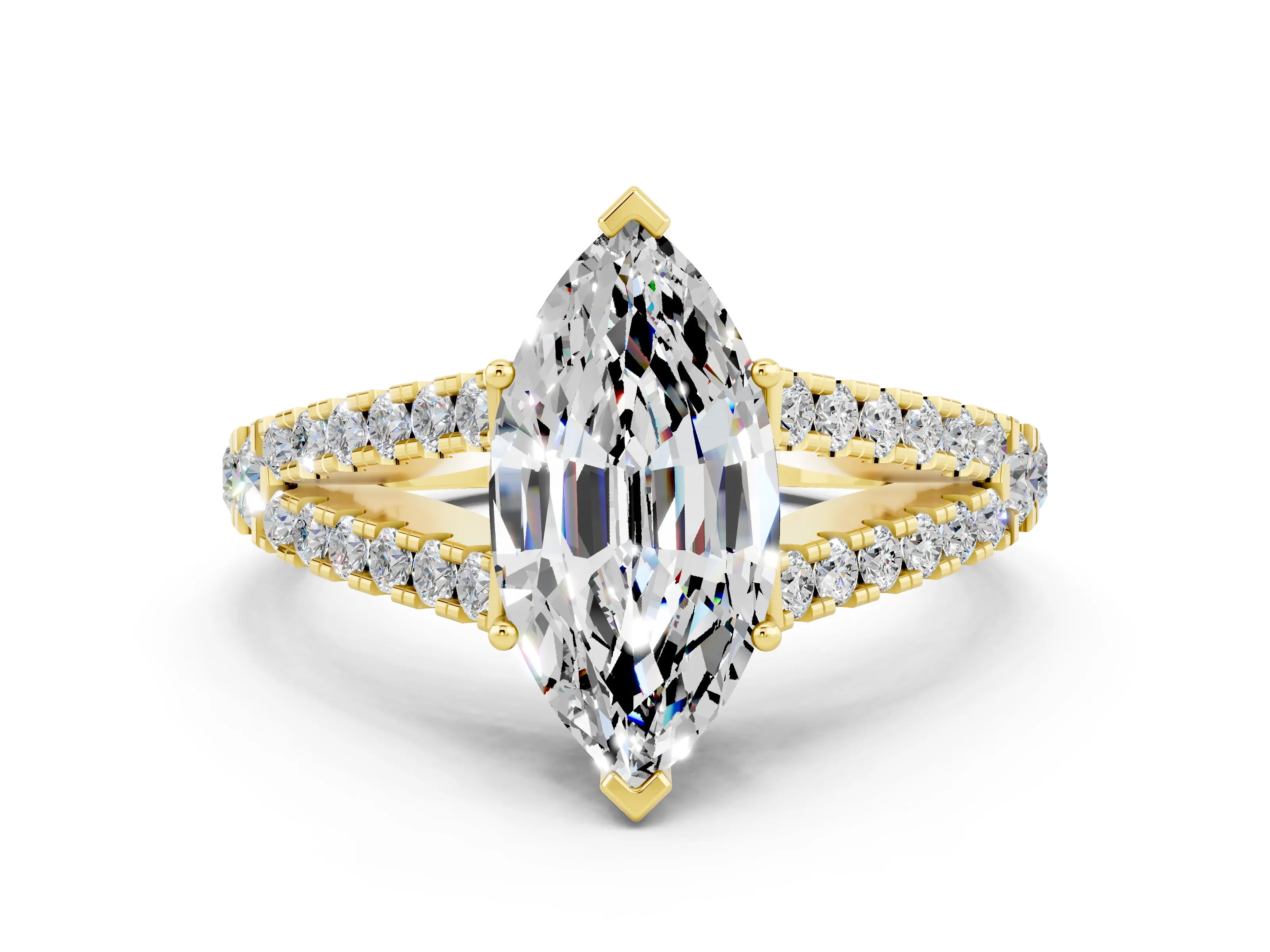 Yellow gold Marquise Cut Cut Split Shank Pave Diamond Engagement Ring with Four-Prong Setting