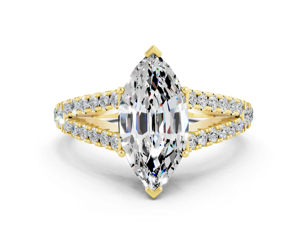 Yellow gold Marquise Cut Moissanite Split Shank Engagement Ring with Round Pavé and Prong Setting