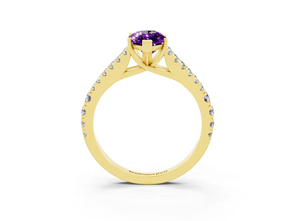 Yellow gold Marquise Cut Amethyst Split Shank Engagement Ring with Round Pavé and Prong Setting