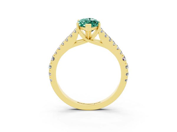 Yellow gold Marquise Cut Green Sapphire Split Shank Engagement Ring with Round Pavé and Prong Setting
