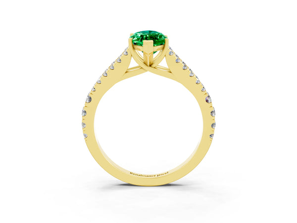 Yellow gold Marquise Cut Emerald Split Shank Engagement Ring with Round Pavé and Prong Setting