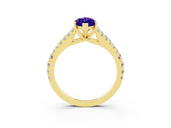 Yellow gold Marquise Cut Tanzanite Split Shank Engagement Ring with Round Pavé and Prong Setting