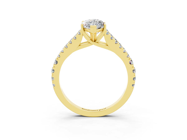 Yellow gold Marquise Cut Moissanite Split Shank Engagement Ring with Round Pavé and Prong Setting