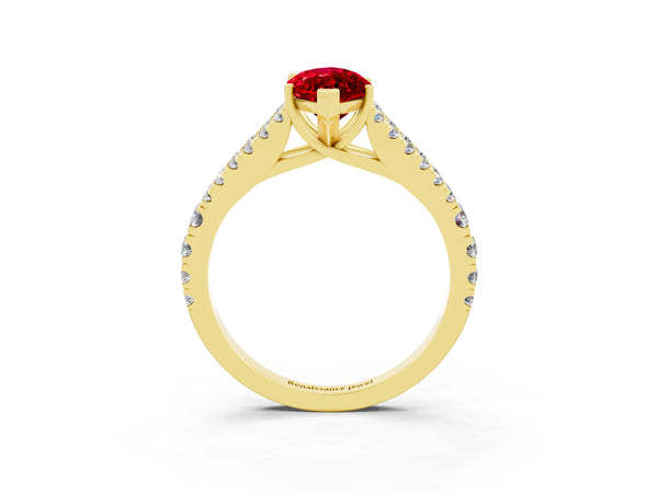 Yellow gold Marquise Cut Ruby Split Shank Engagement Ring with Round Pavé and Prong Setting