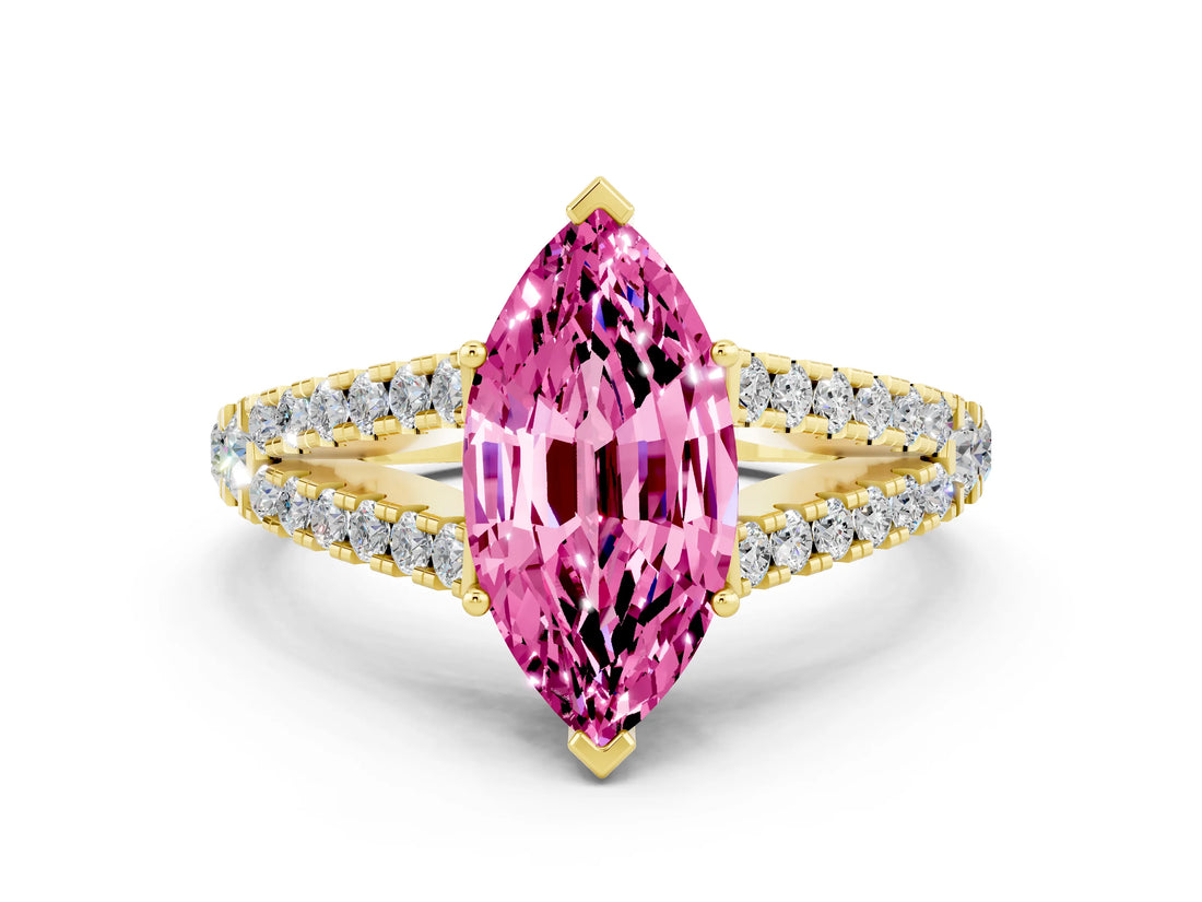 Yellow gold Marquise Cut Cut Split Shank Pave Diamond Engagement Ring with Four-Prong Setting