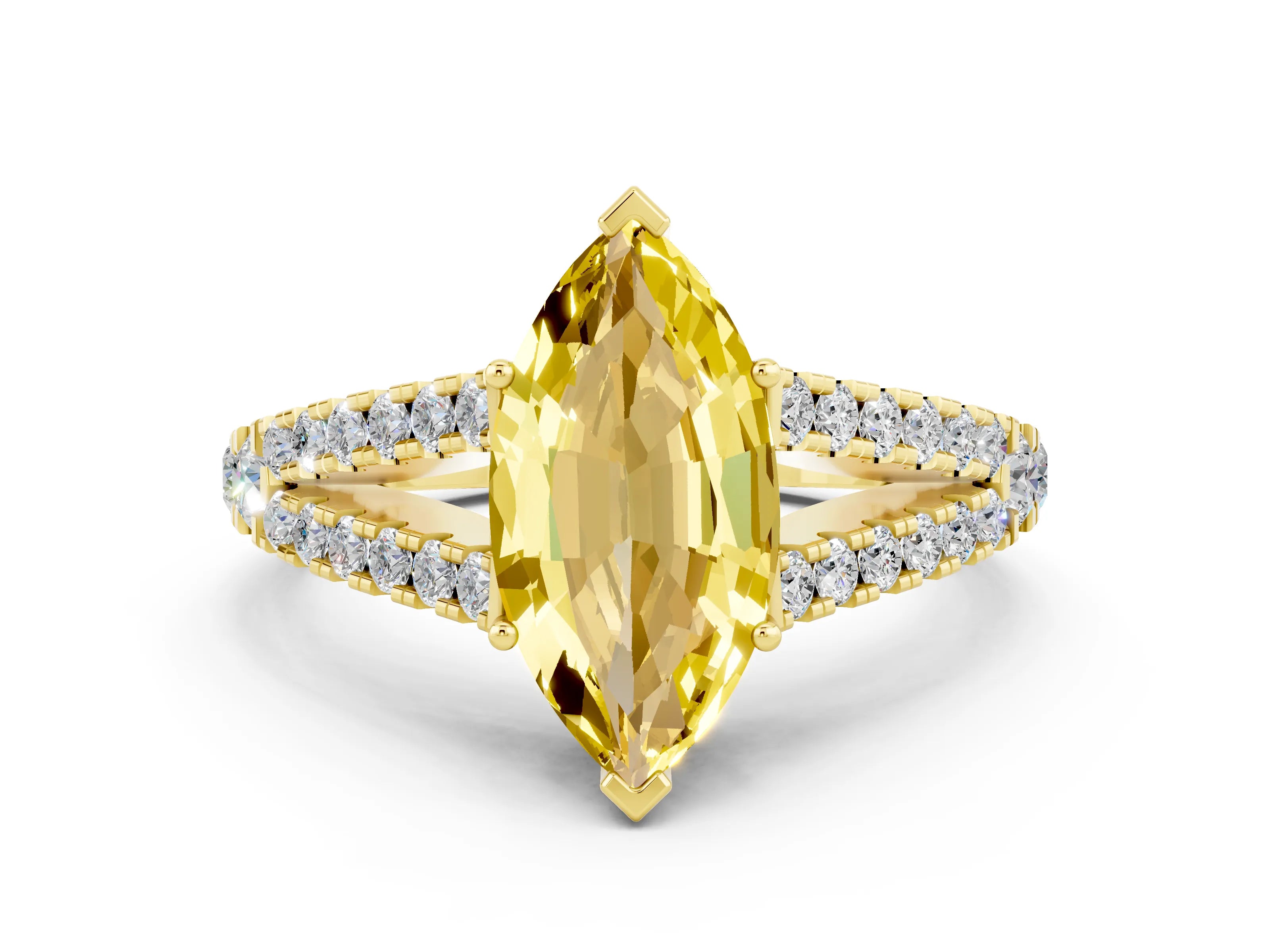 Yellow gold Marquise Cut Cut Split Shank Pave Diamond Engagement Ring with Four-Prong Setting