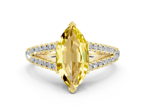 Yellow gold Marquise Cut Yellow Sapphire Split Shank Engagement Ring with Round Pavé and Prong Setting