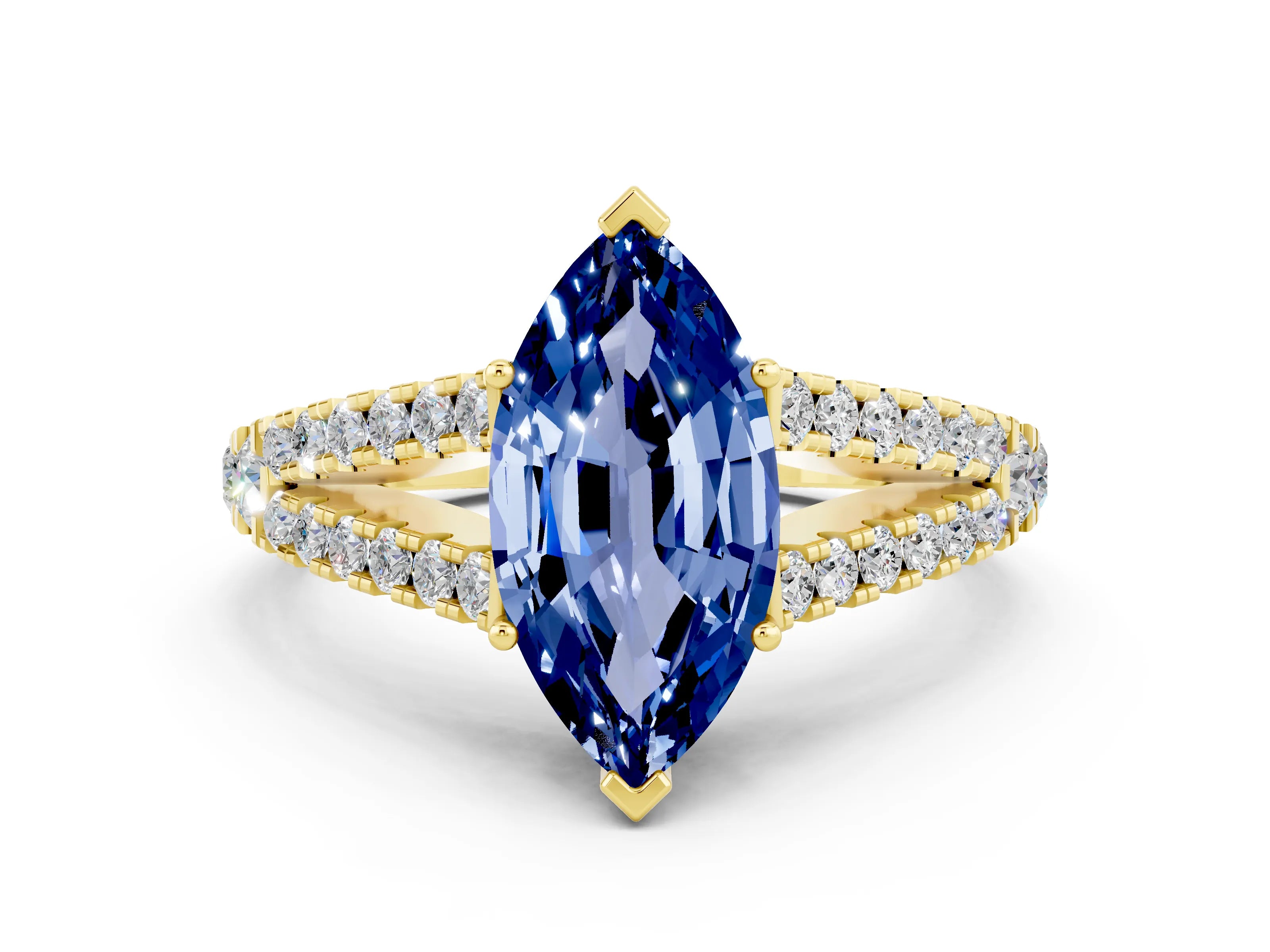Yellow gold Marquise Cut Cut Split Shank Pave Diamond Engagement Ring with Four-Prong Setting