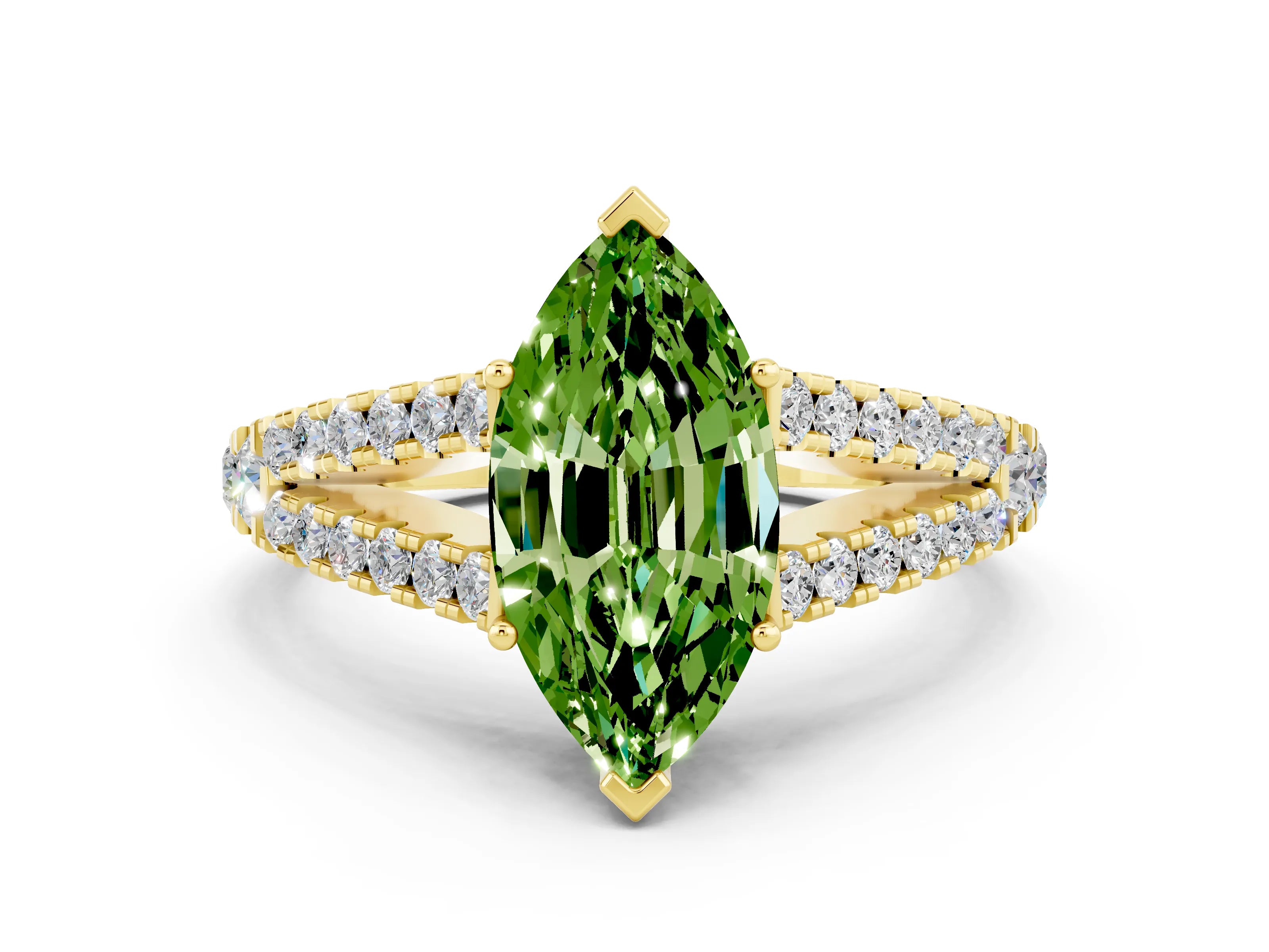Yellow gold Marquise Cut Cut Split Shank Pave Diamond Engagement Ring with Four-Prong Setting