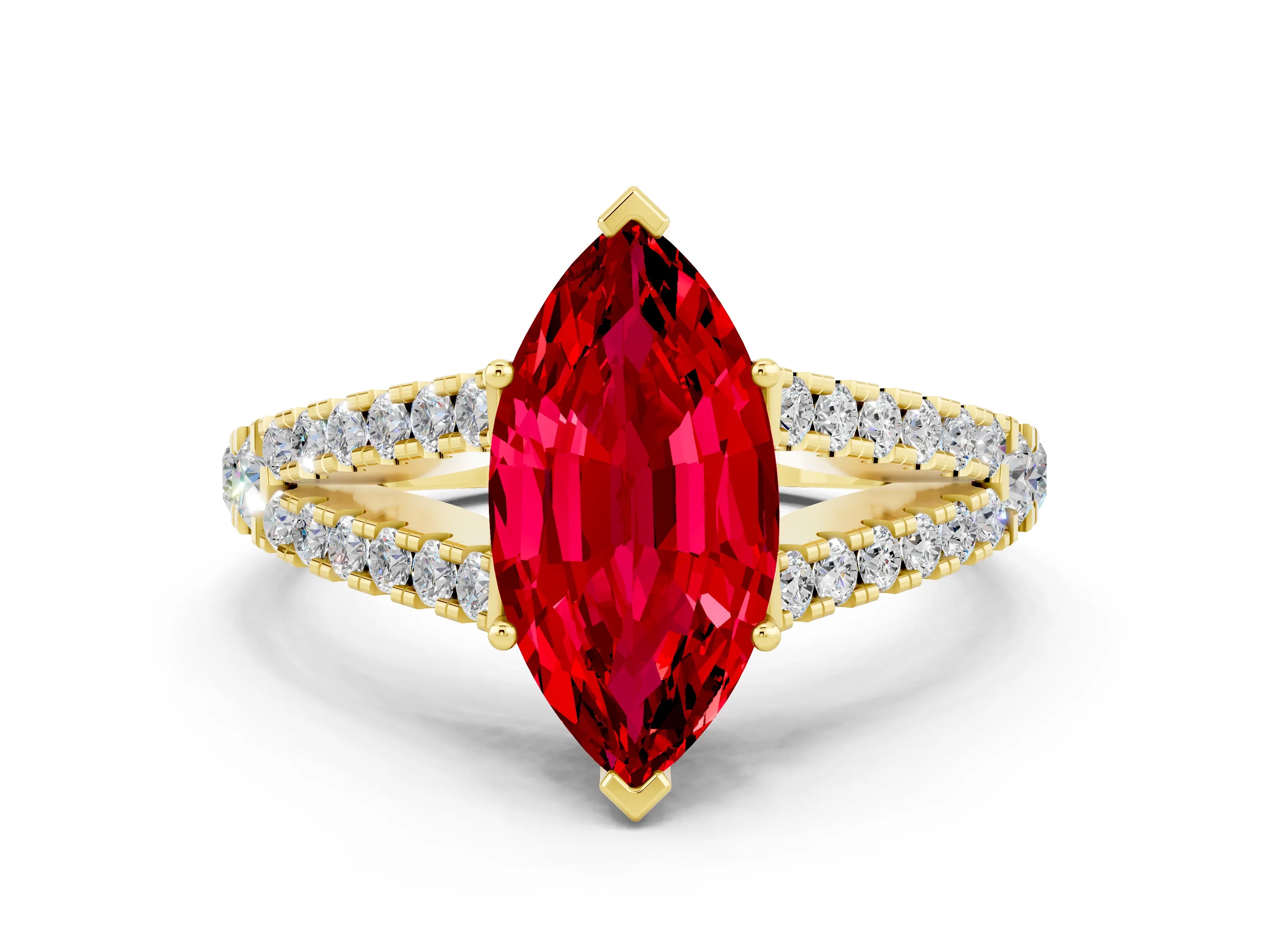 Yellow gold Marquise Cut Cut Split Shank Pave Diamond Engagement Ring with Four-Prong Setting
