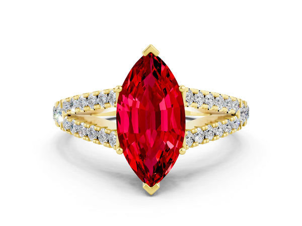 Yellow gold Marquise Cut Ruby Split Shank Engagement Ring with Round Pavé and Prong Setting