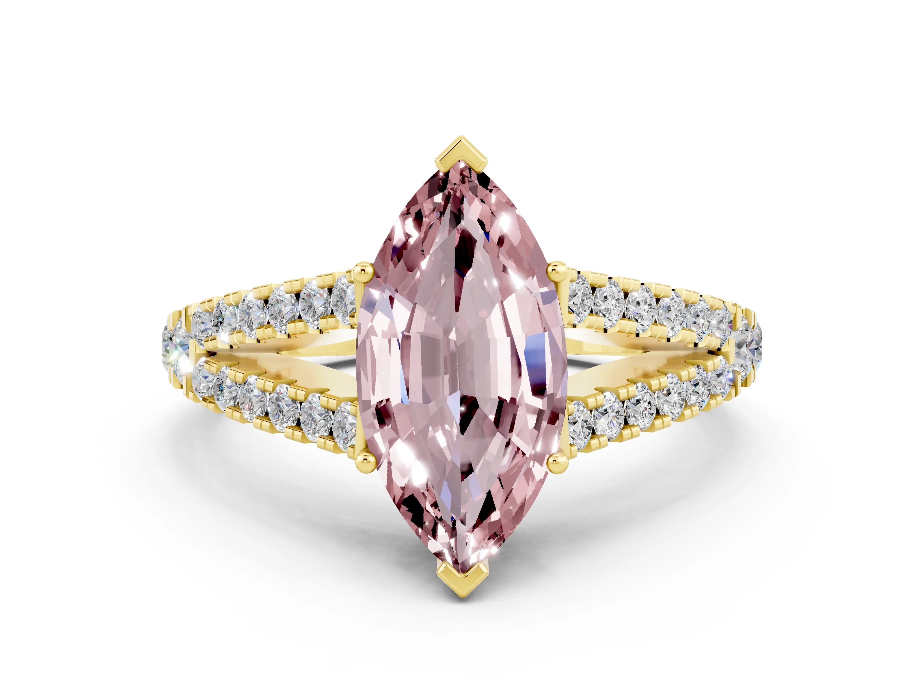 Yellow gold Marquise Cut Cut Split Shank Pave Diamond Engagement Ring with Four-Prong Setting