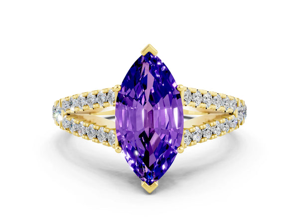 Yellow gold Marquise Cut Tanzanite Split Shank Engagement Ring with Round Pavé and Prong Setting