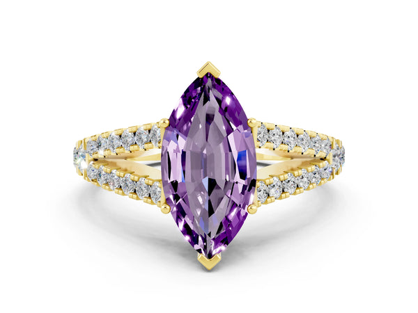Yellow gold Marquise Cut Amethyst Split Shank Engagement Ring with Round Pavé and Prong Setting