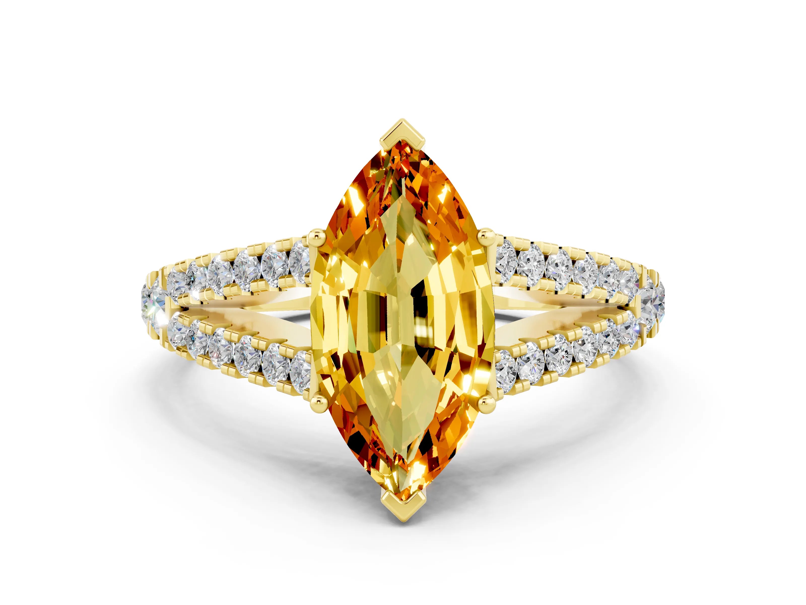 Yellow gold Marquise Cut Cut Split Shank Pave Diamond Engagement Ring with Four-Prong Setting