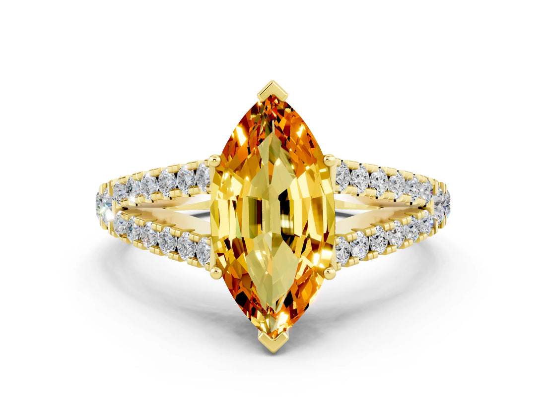 Yellow gold Marquise Cut Cut Split Shank Pave Diamond Engagement Ring with Four-Prong Setting