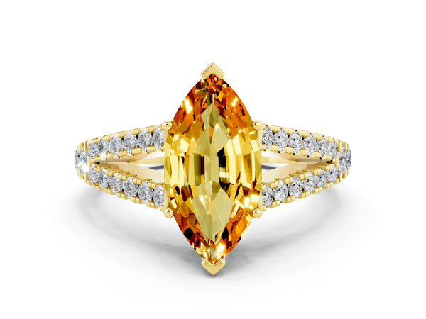 Yellow gold Marquise Cut Citrine Split Shank Engagement Ring with Round Pavé and Prong Setting