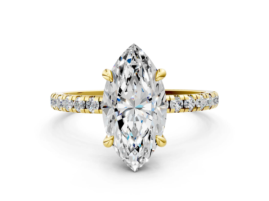 Yellow gold Marquise Cut Diamond Brilliant Solitaire Ring with Pavé Band and Four-Prong Setting_15