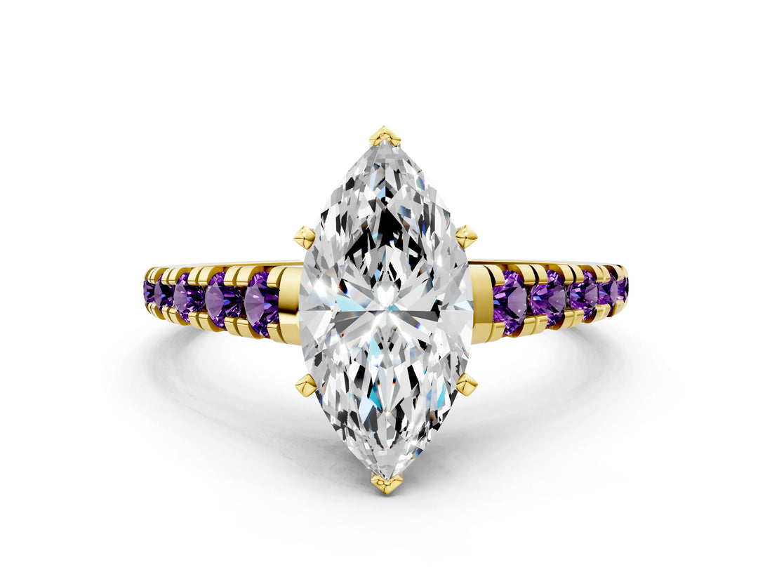 Yellow gold Marquise Cut Diamond Cathedral Solitaire Ring with Round with Amethyst side stone Pavé Band_12
