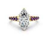 Yellow gold Marquise Cut Diamond Cathedral Solitaire Ring with Round with Amethyst side stone Pavé Band_12