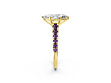 Yellow gold Marquise Cut Diamond Cathedral Solitaire Ring with Round with Amethyst side stone Pavé Band_14