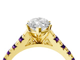 Yellow gold Marquise Cut Diamond Cathedral Solitaire Ring with Round with Amethyst side stone Pavé Band_16