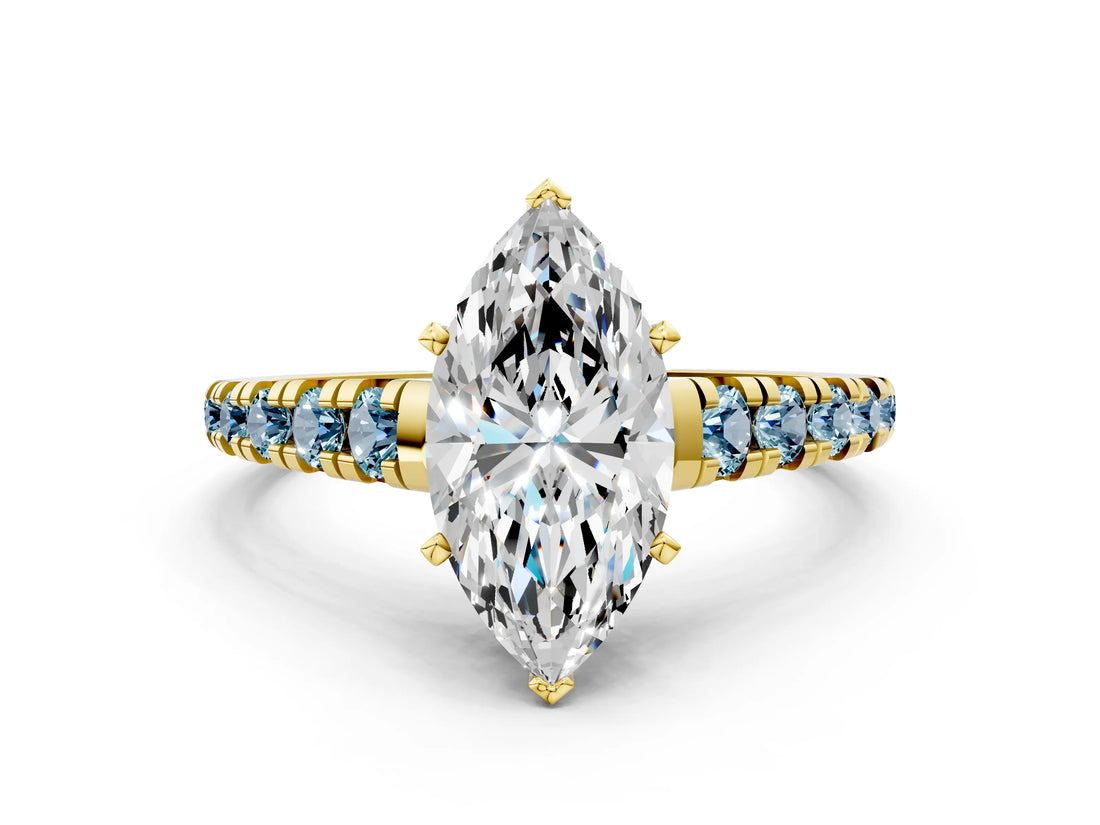 Yellow gold Marquise Cut Diamond Cathedral Solitaire Ring with Round with Aquamarine side stone Pavé Band_12