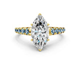 Yellow gold Marquise Cut Diamond Cathedral Solitaire Ring with Round with Aquamarine side stone Pavé Band_12