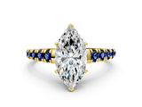Yellow gold Marquise Cut Diamond Cathedral Solitaire Ring with Round with Blue Sapphire side stone Pavé Band_12