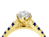 Yellow gold Marquise Cut Diamond Cathedral Solitaire Ring with Round with Blue Sapphire side stone Pavé Band_16