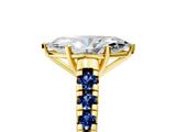 Yellow gold Marquise Cut Diamond Cathedral Solitaire Ring with Round with Blue Sapphire side stone Pavé Band_17