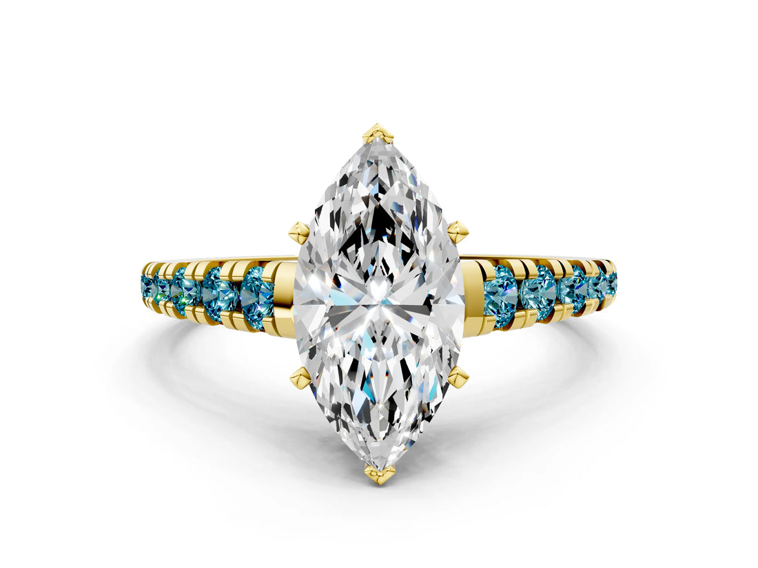 Yellow gold Marquise Cut Diamond Cathedral Solitaire Ring with Round with Blue Topaz side stone Pavé Band