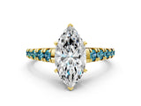 Yellow gold Marquise Cut Diamond Cathedral Solitaire Ring with Round with Blue Topaz side stone Pavé Band