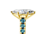 Yellow gold Marquise Cut Diamond Cathedral Solitaire Ring with Round with Blue Topaz side stone Pavé Band_5
