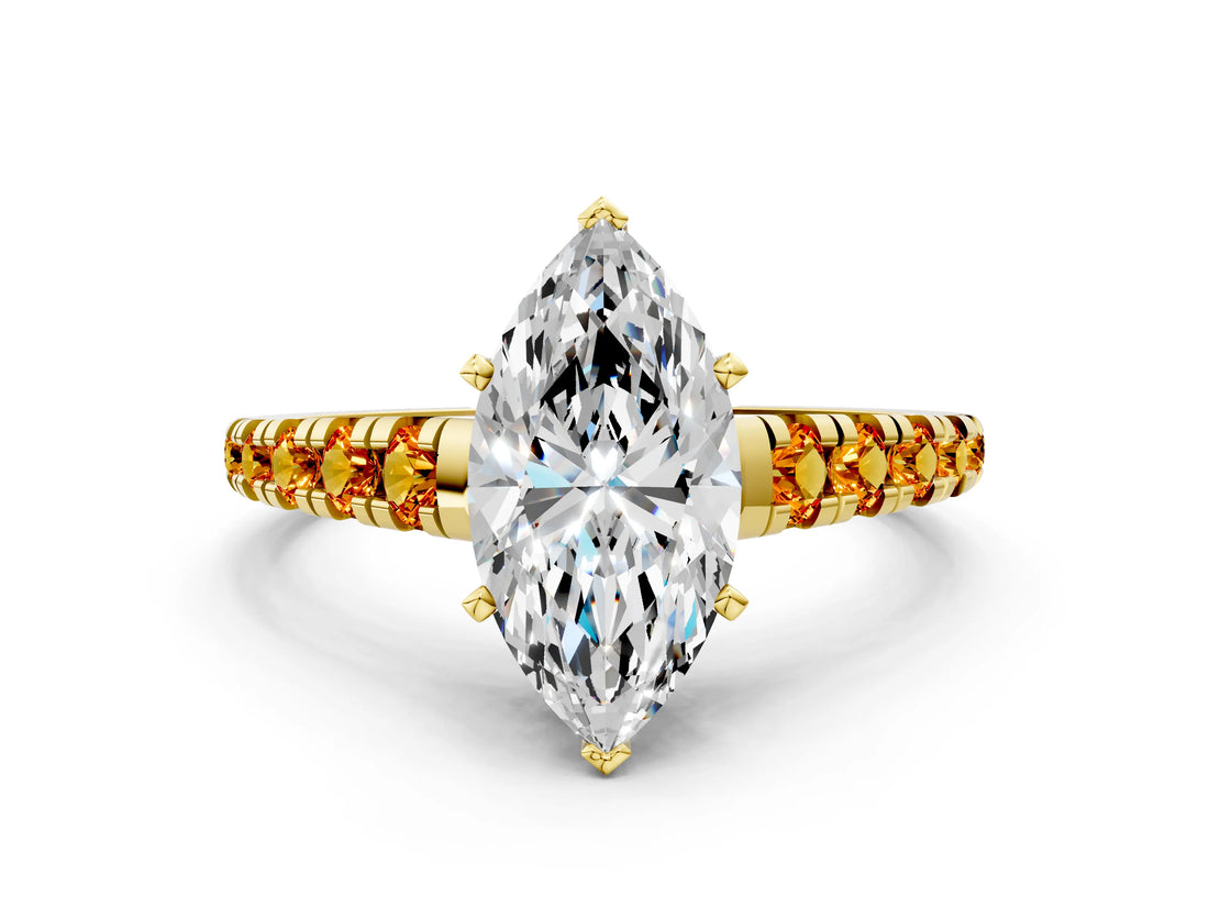 Yellow gold Marquise Cut Diamond Cathedral Solitaire Ring with Round with Citrine side stone Pavé Band_36