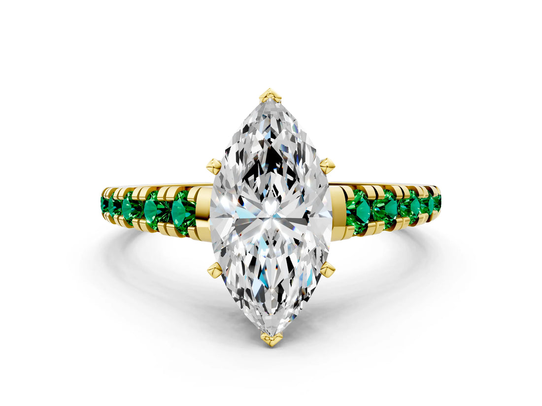 Yellow gold Marquise Cut Diamond Cathedral Solitaire Ring with Round with Emerald side stone Pavé Band