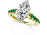 Yellow gold Marquise Cut Diamond Cathedral Solitaire Ring with Round with Emerald side stone Pavé Band_1