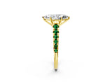 Yellow gold Marquise Cut Diamond Cathedral Solitaire Ring with Round with Emerald side stone Pavé Band_2