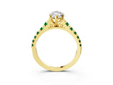 Yellow gold Marquise Cut Diamond Cathedral Solitaire Ring with Round with Emerald side stone Pavé Band_3