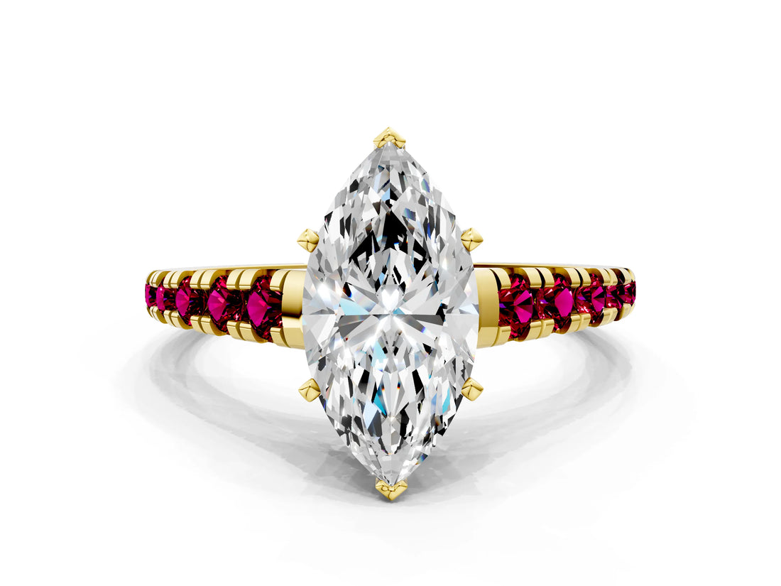 Yellow gold Marquise Cut Diamond Cathedral Solitaire Ring with Round with Garnet side stone Pavé Band_12