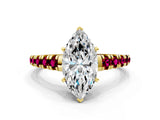 Yellow gold Marquise Cut Diamond Cathedral Solitaire Ring with Round with Garnet side stone Pavé Band_12