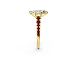Yellow gold Marquise Cut Diamond Cathedral Solitaire Ring with Round with Garnet side stone Pavé Band_14