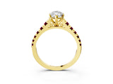 Yellow gold Marquise Cut Diamond Cathedral Solitaire Ring with Round with Garnet side stone Pavé Band_15