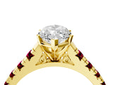Yellow gold Marquise Cut Diamond Cathedral Solitaire Ring with Round with Garnet side stone Pavé Band_16