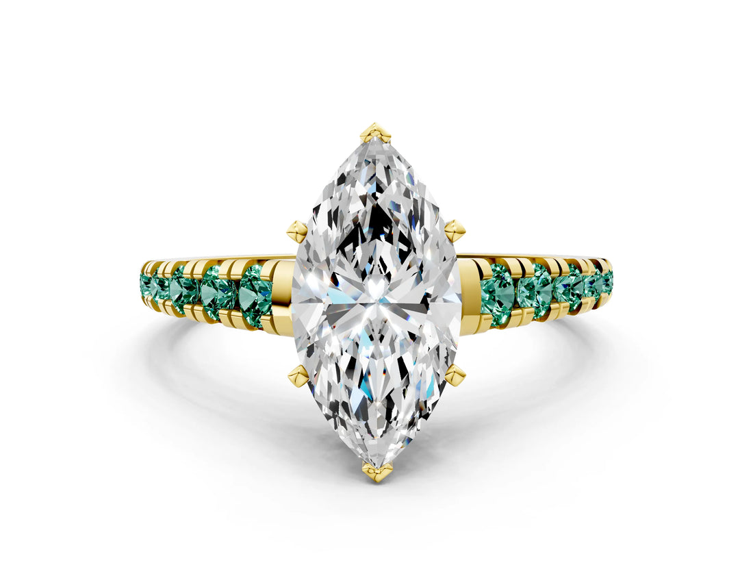 Yellow gold Marquise Cut Diamond Cathedral Solitaire Ring with Round with Green Sapphire side stone Pavé Band_12