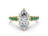 Yellow gold Marquise Cut Diamond Cathedral Solitaire Ring with Round with Green Sapphire side stone Pavé Band_12